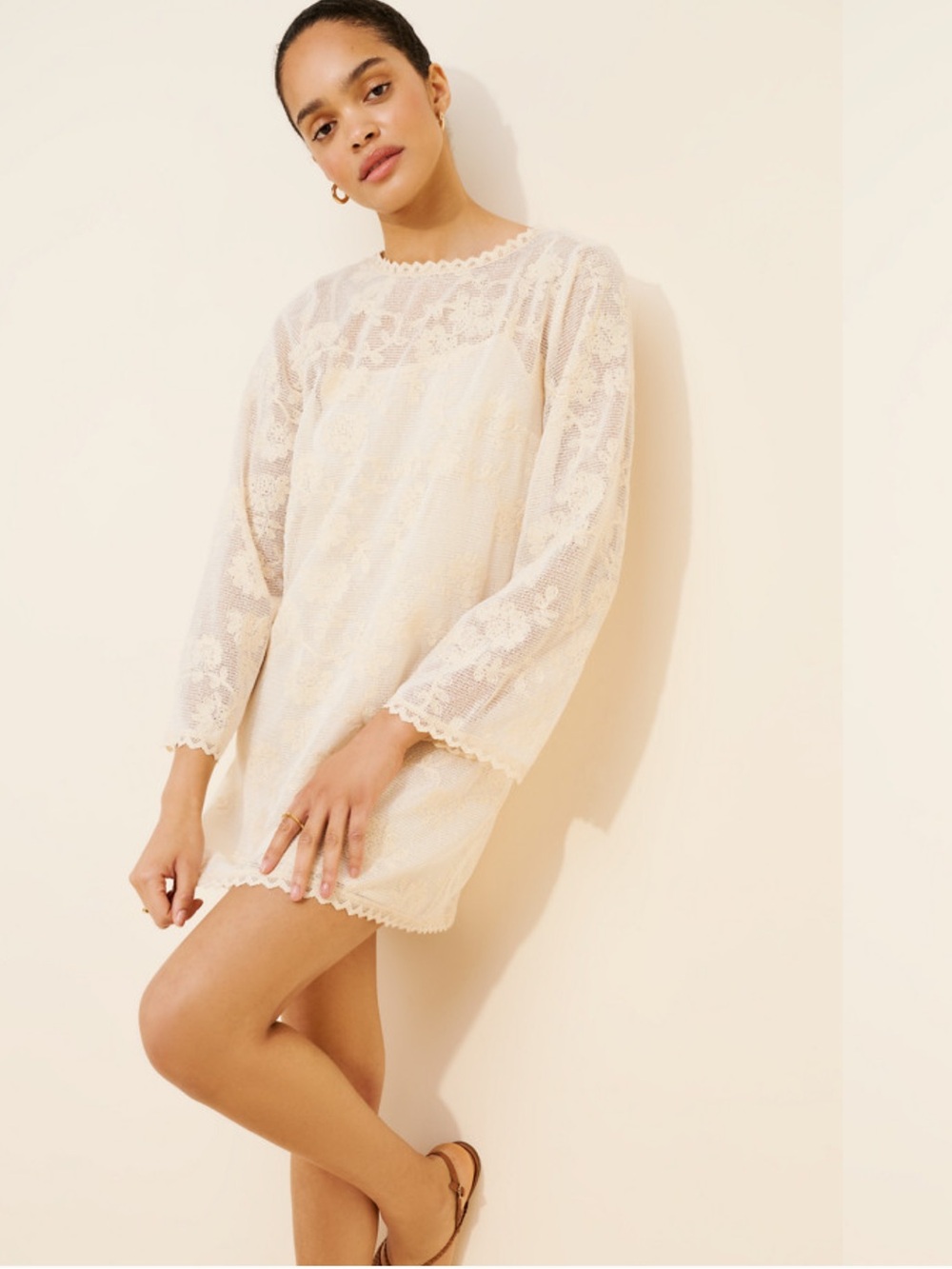 Lost + Wander Fiorenza Floral Embroidery Mini Dress Cream Approx L NWOT